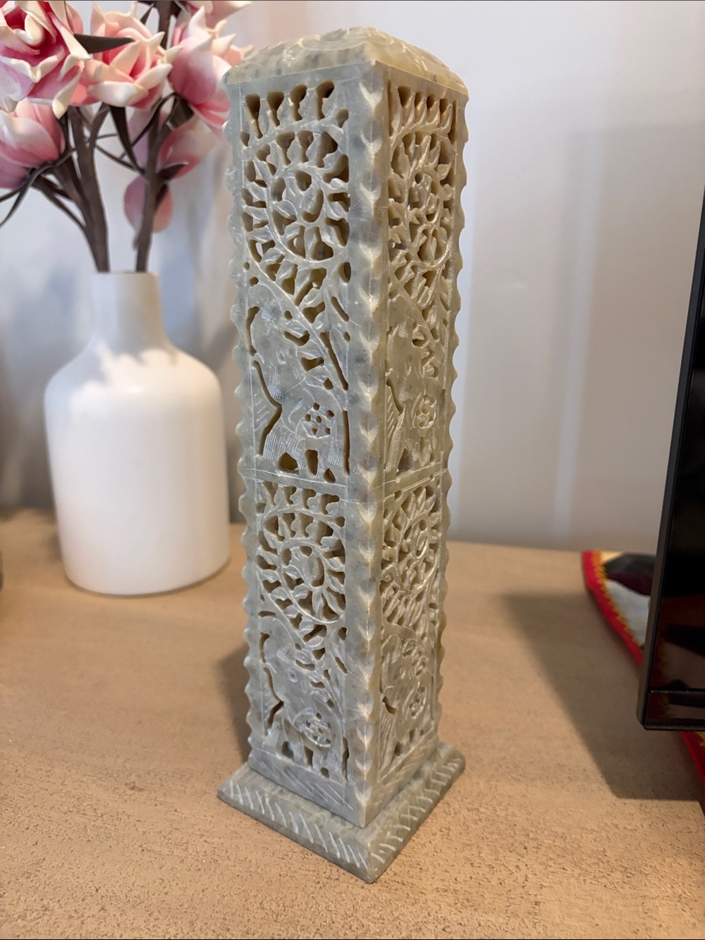 Handcrafted Soapstone Incense Stick Holder & Tea Light Candle Burner Tower